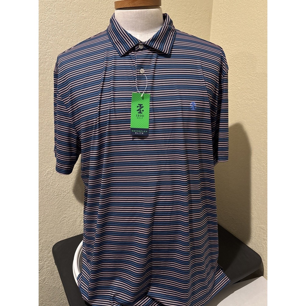 IZOD Golf Polo Shirt Mens XXL Blue Clubhouse Stripe UPF-50 Moisture Wicking NEW